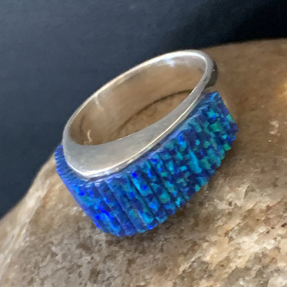 Blue Opal Navajo Sterling Silver Band Inlay Ring Size 9 18798