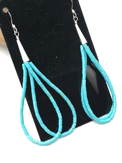 Native Blue Turquoise Liquid Sterling Silver Heishi Dangle 2.5" Earrings 04372