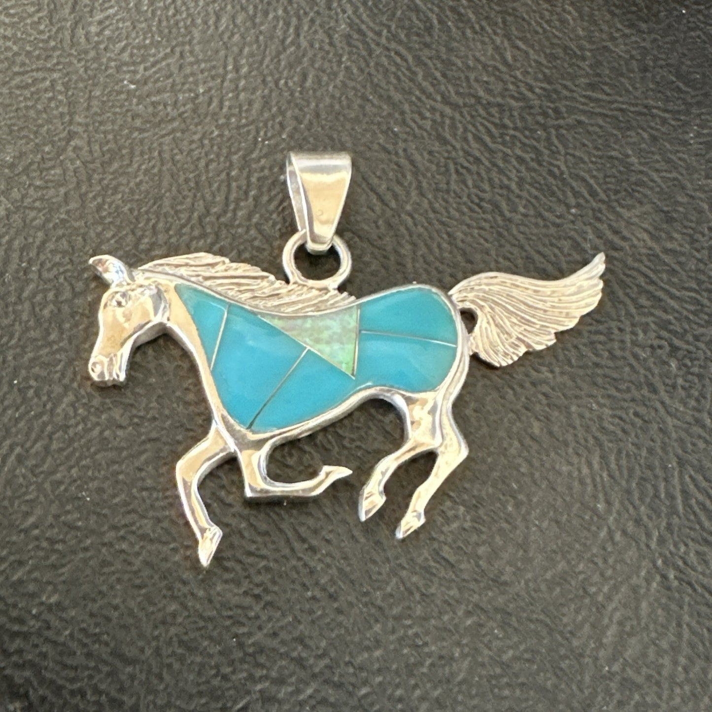 Horse Inlay Southwestern Cowboy Blue Turquoise Sterling Silver Pendant 2” 19160