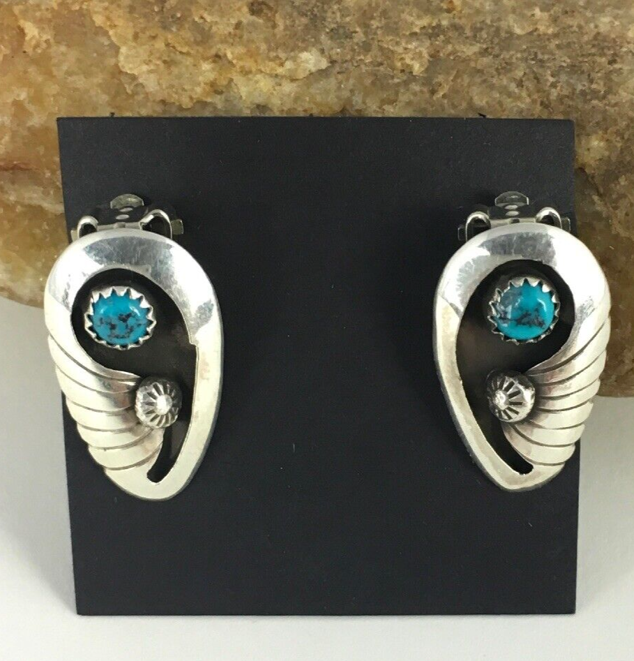 Blue Turquoise Clip-on Navajo Sterling Silver Old Pawn Earrings Set 08864