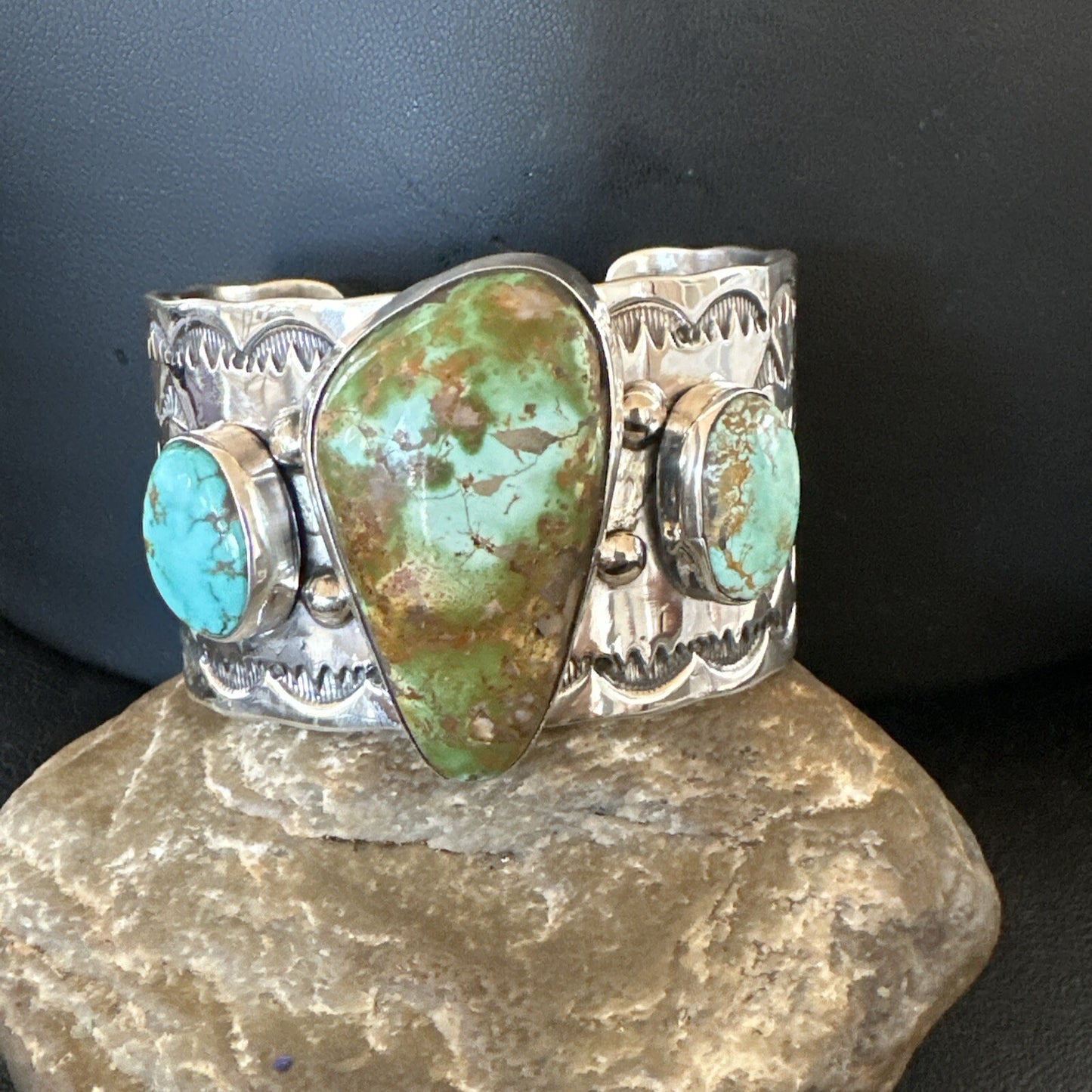 Navajo Green Royston TURQUOISE Stamped Sterling Silver Cuff Bracelet 17938