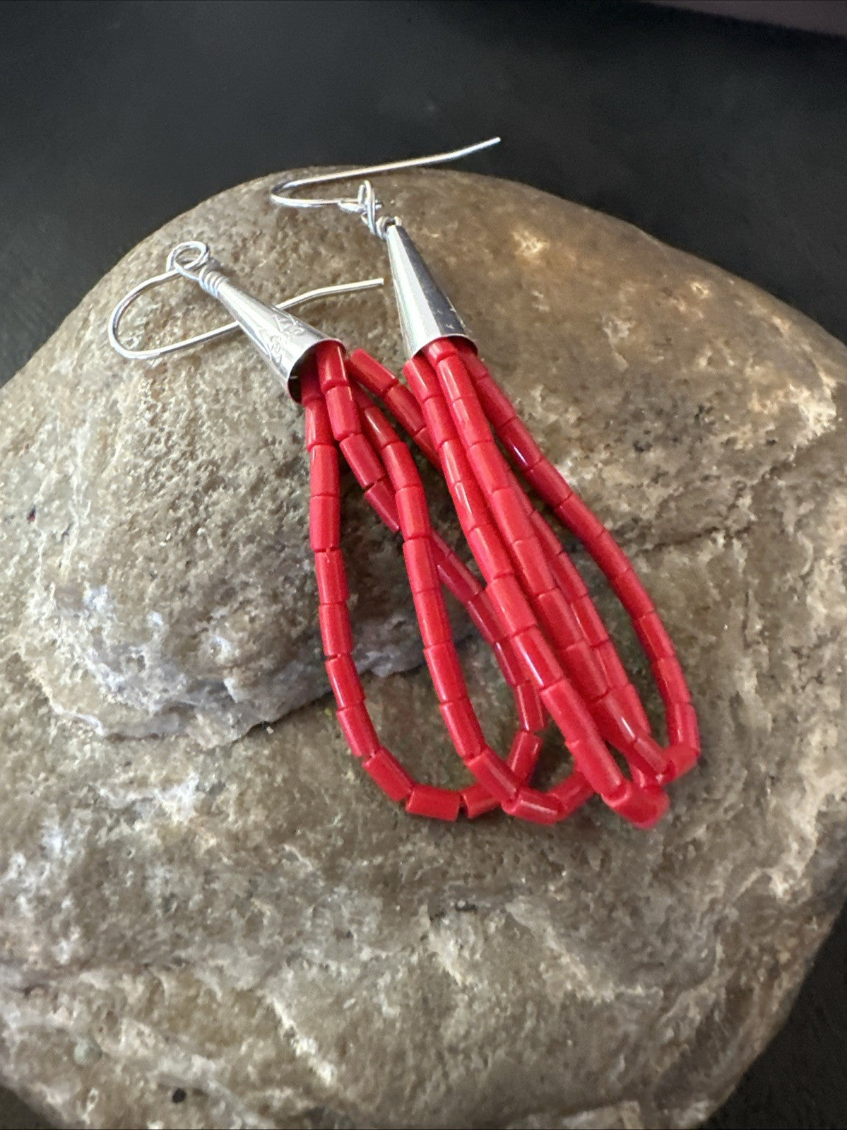 Native Red Coral Heishi Tube Liquid Sterling Silver Dangle Earrings 2" 4399