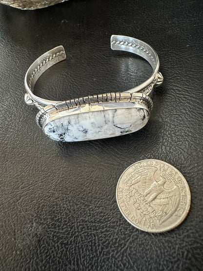 White Buffalo Turquoise Navajo Sterling Silver Cuff Bracelet 7" 19381