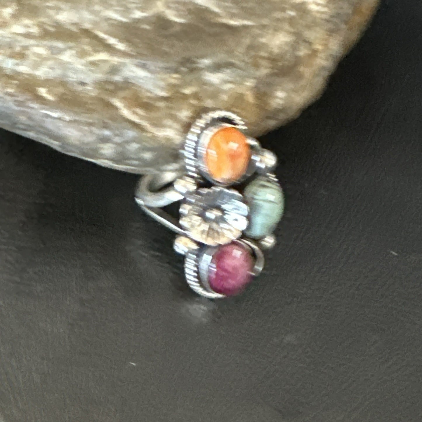 Multicolor Ring Turquoise Spiny Navajo Sterling Silver Cluster Size 8 19171