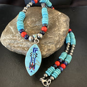 Multicolor Turquoise Coral Navajo Inlay Pendant Necklace | Sterling Silver | Authentic Native American Handmade | 19645