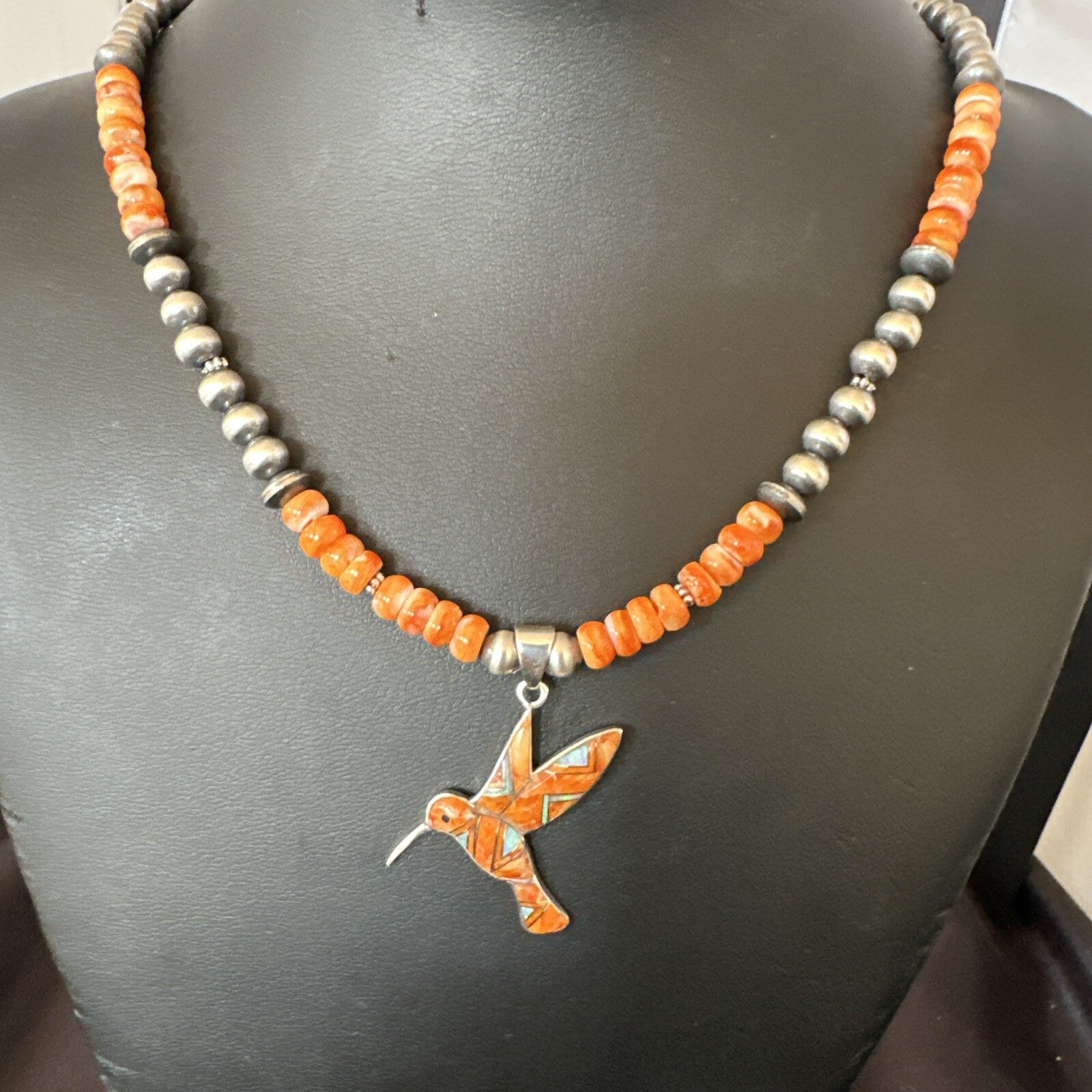 HummingBird Orange Spiny Oyster Opal Sterling Silver Necklace Pendant 18675
