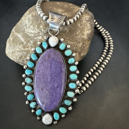 Purple Charoite Turquoise Navajo Sterling Silver Cluster Pendant 3.75" 18651