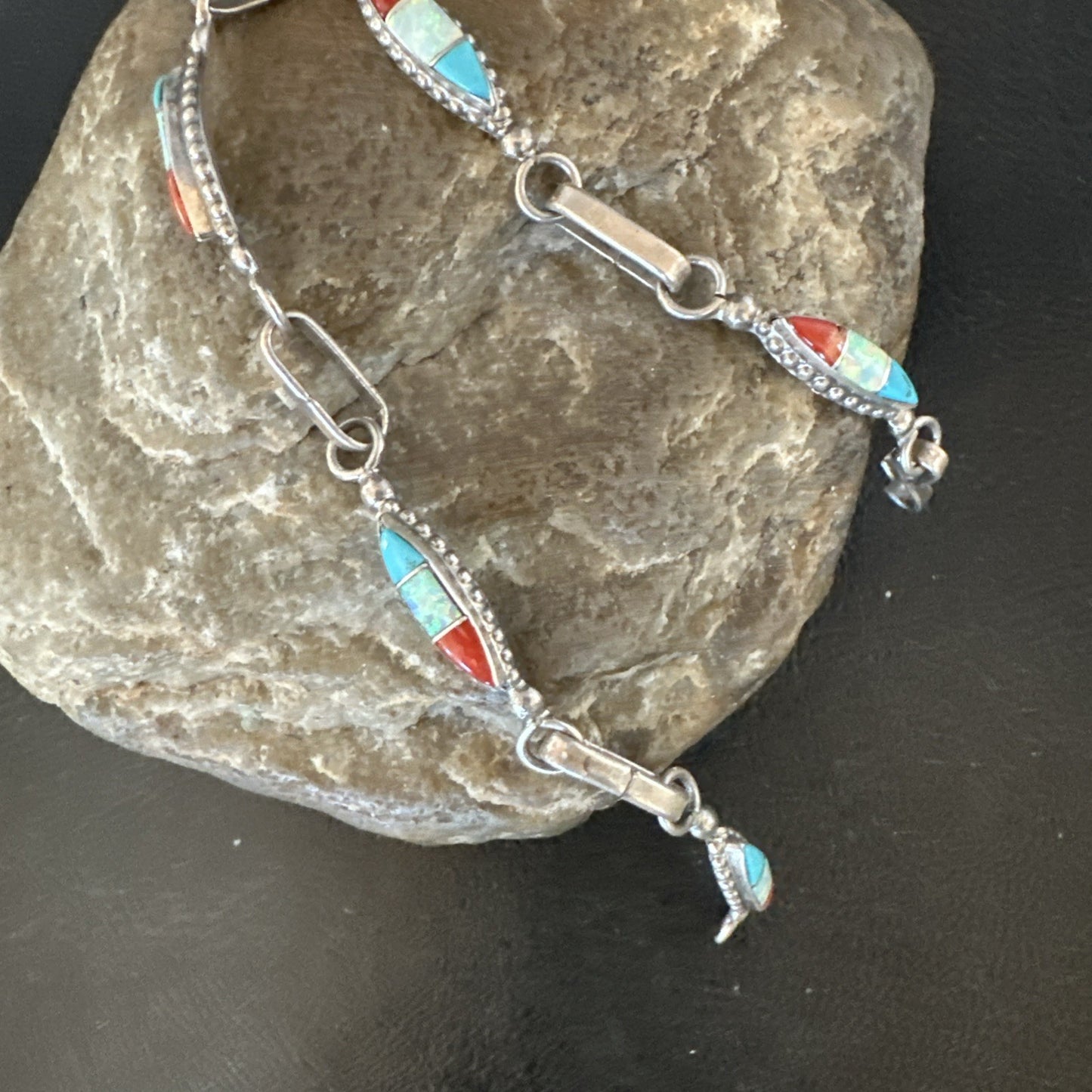 Women Oldpawn Turquoise Opal Coral Navajo Sterling Silver Link Bracelet 8” 19798