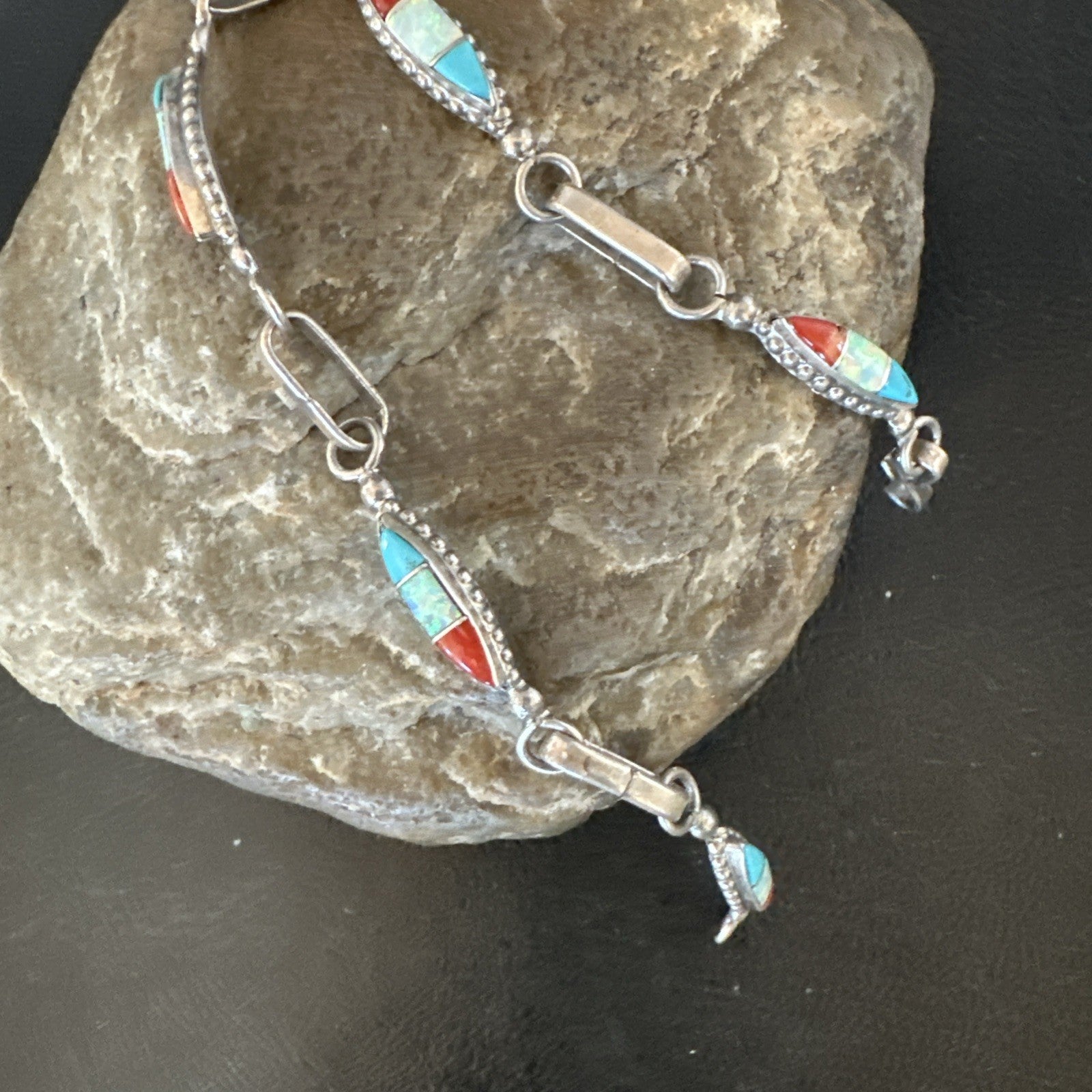 Women Oldpawn Turquoise Opal Coral Navajo Sterling Silver Link Bracelet 8” 19798