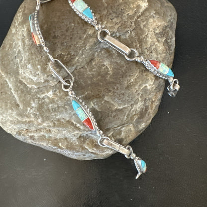 Women Oldpawn Turquoise Opal Coral Navajo Sterling Silver Link Bracelet 8” 19798