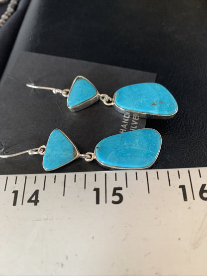 Blue Kingman Turquoise Navajo Sterling Silver Dangle Earrings 14073