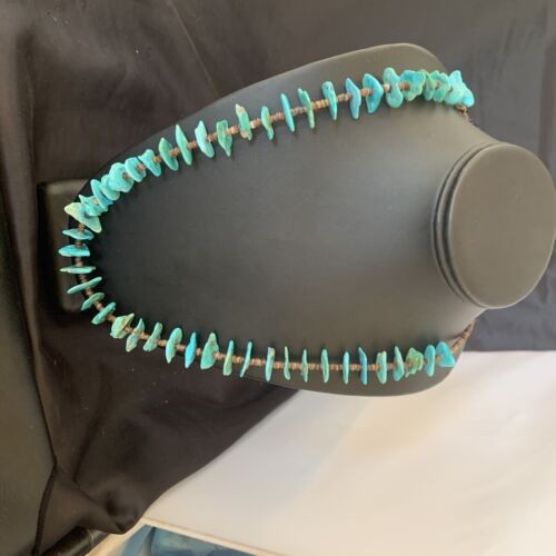 Navajo Sterling Silver Kingman Turquoise Shell Necklace 26" 11817