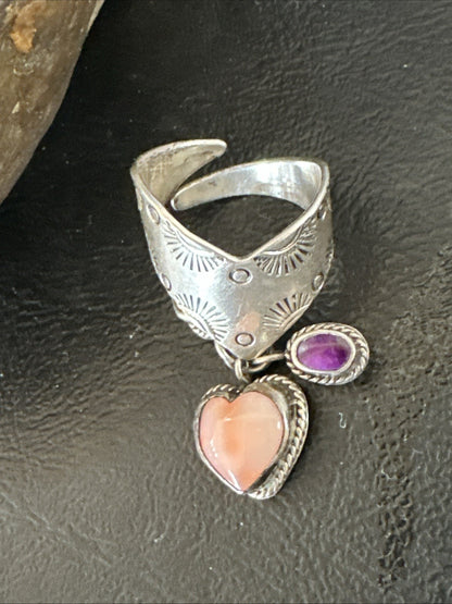 Heart Pink Conch Cluster Spiny Stamped Ring Adjustable Navajo Sz 7.5 19202