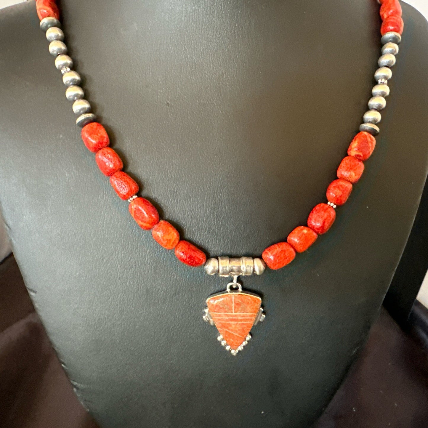 Navajo Apple Sponge Coral Sterling Silver Necklace Inlay Pendant 21” 18685