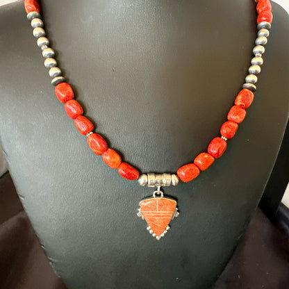 Navajo Apple Sponge Coral Sterling Silver Necklace Inlay Pendant 21” 18685