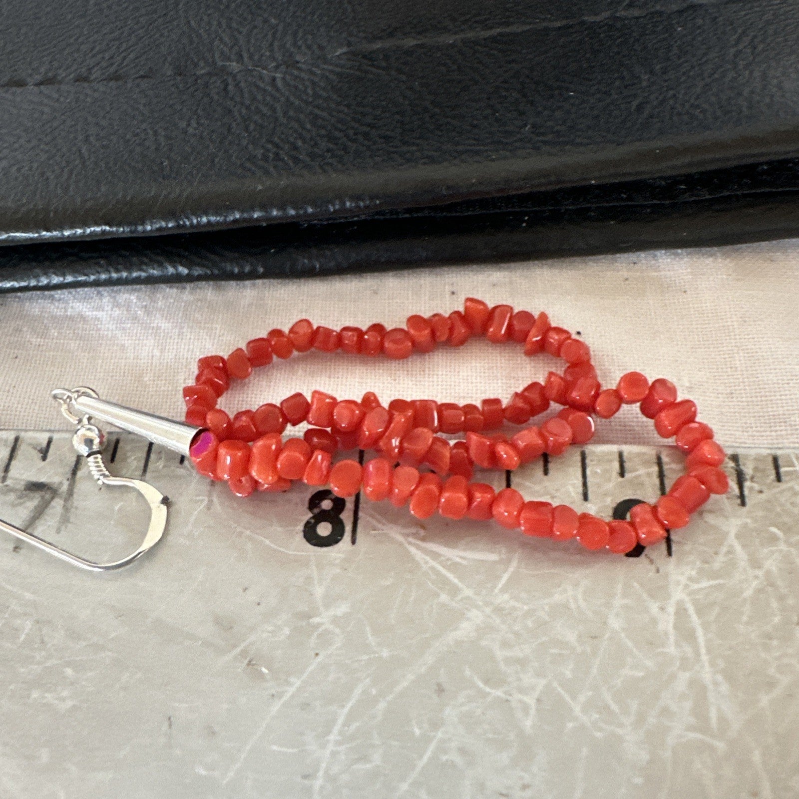 Native Red Real Coral Nugget Sterling Silver Dangle 2 Strand Earrings 2" 19347