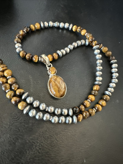 Coffee Brown Tigers Eye Sterling Silver Pendant Necklace Southwestern 18279
