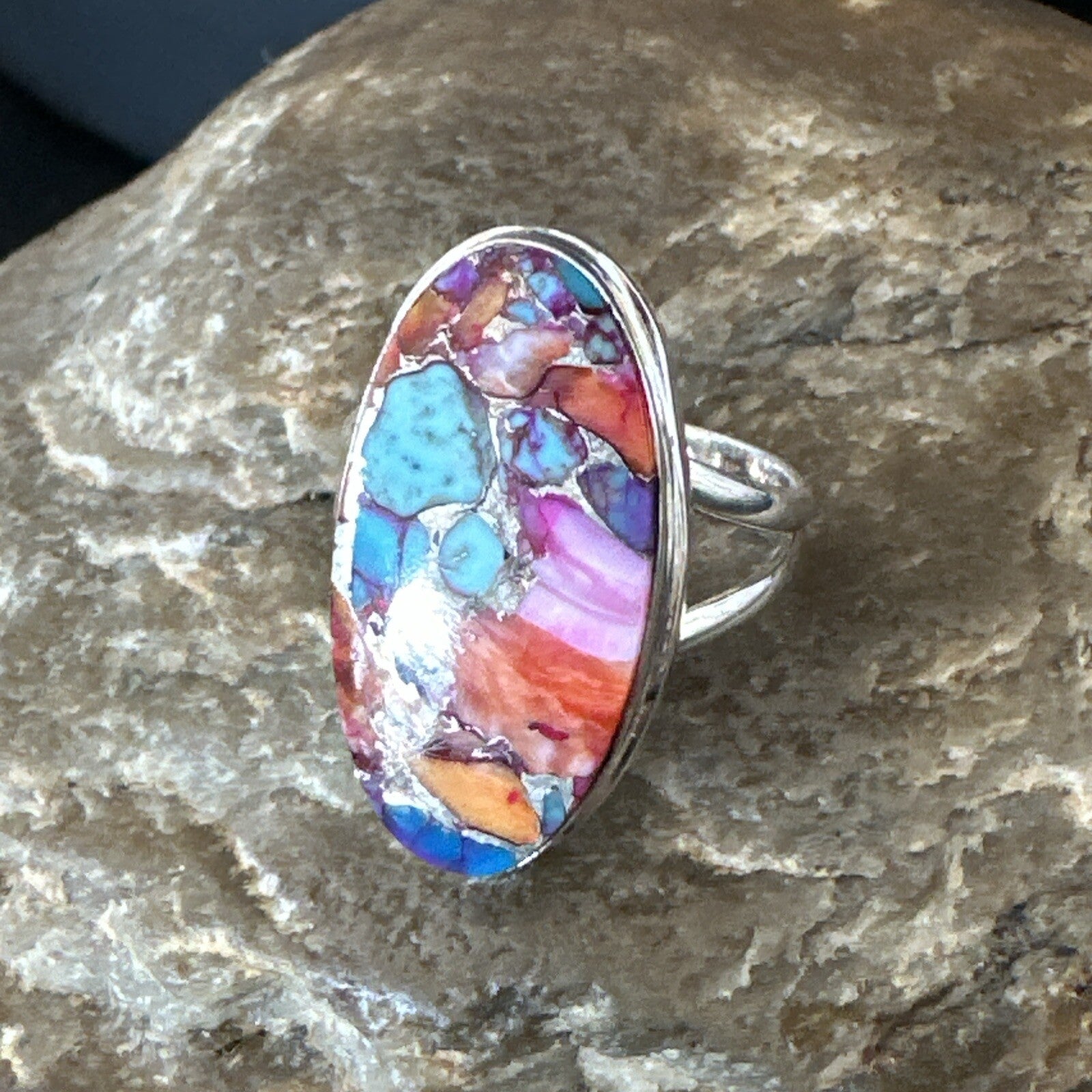 Blue Turquoise Spiny Oyster Navajo Sterling Silver Ring Size 8 18214