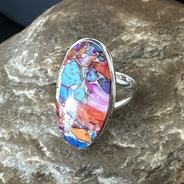 Blue Turquoise Spiny Oyster Navajo Ring Size 8 | Sterling Silver | Authentic Native American Handmade | 18214