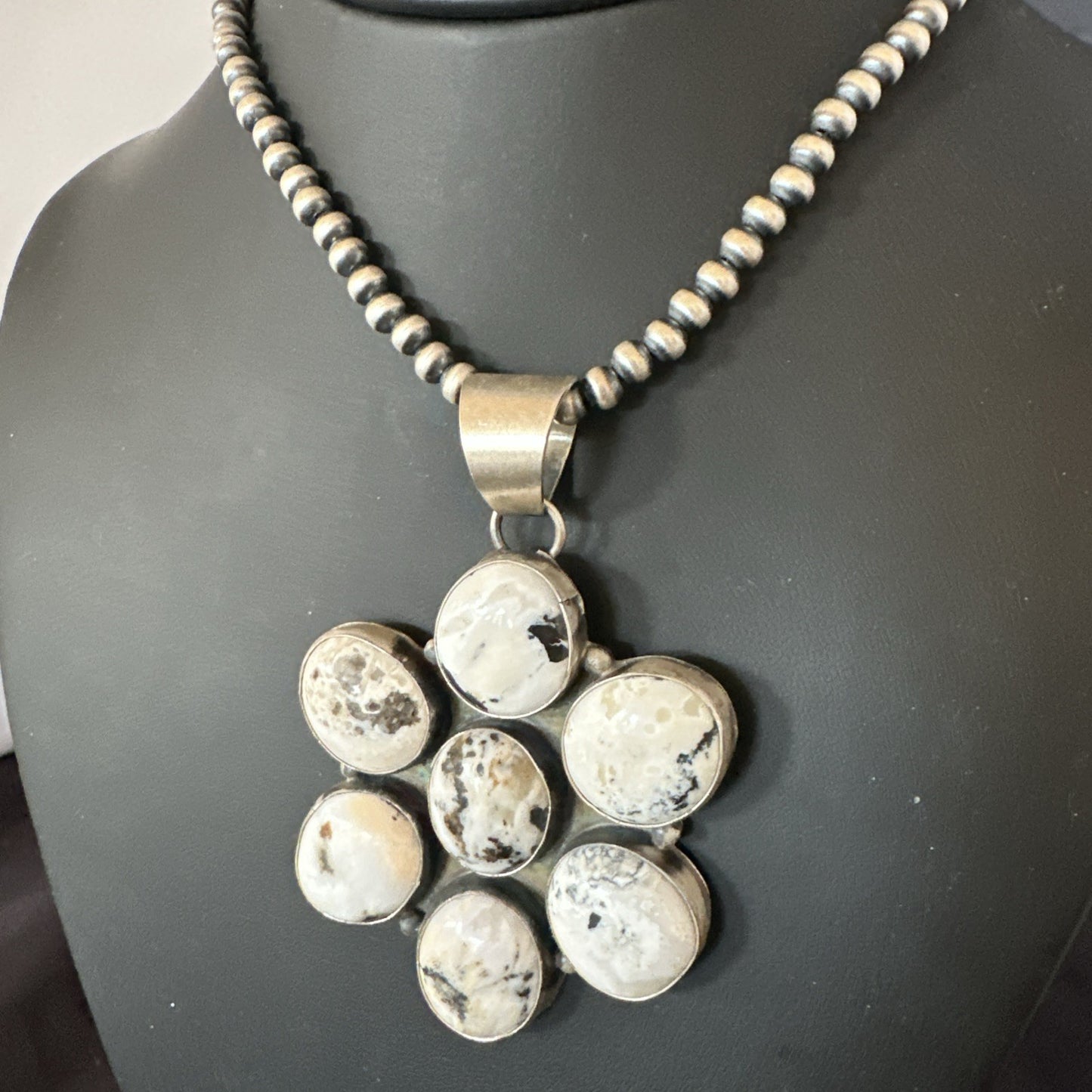 White Buffalo Turquoise Cluster Pendant Navajo Sterling Silver Necklace 19270