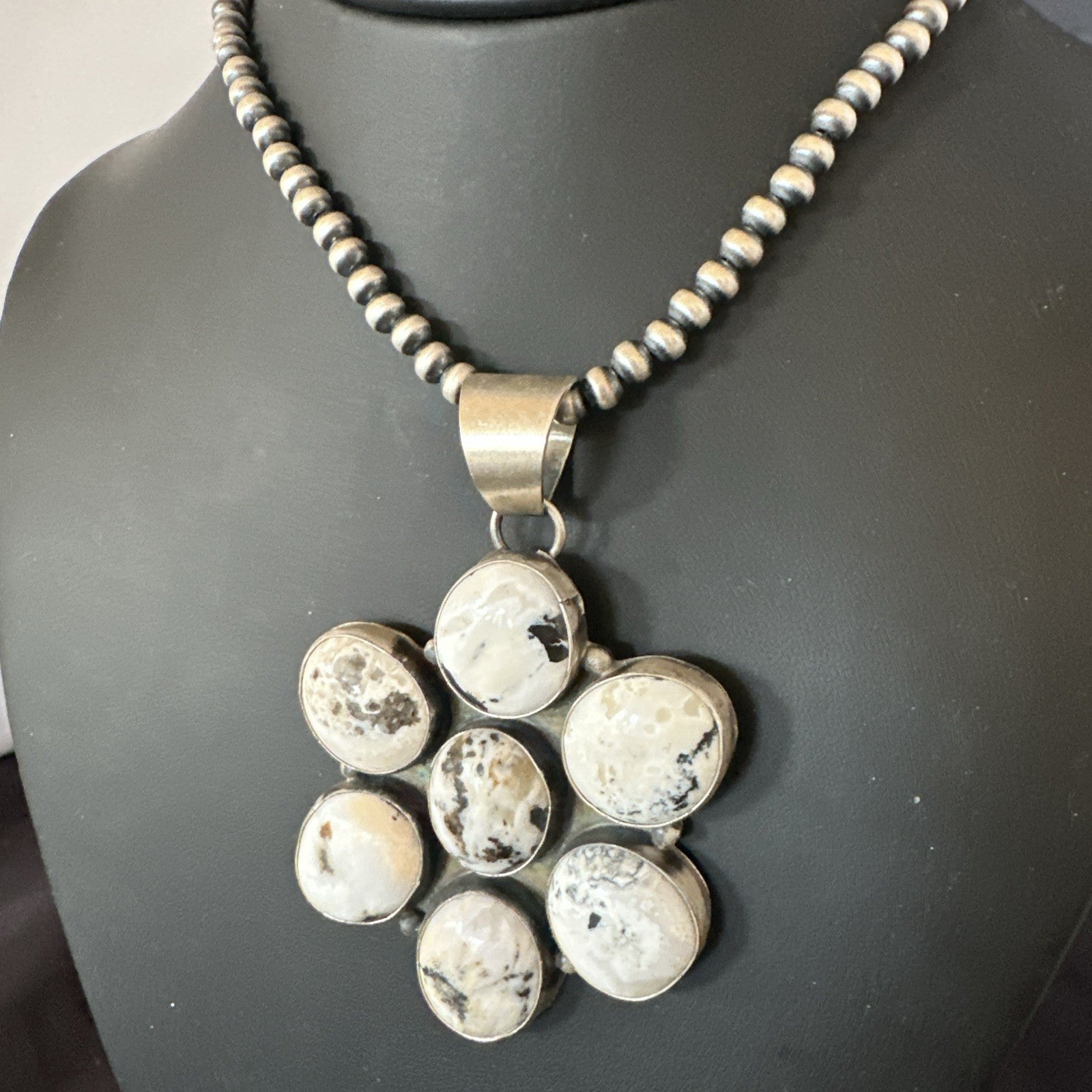 White Buffalo Turquoise Cluster Pendant Navajo Sterling Silver Necklace 19270