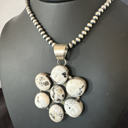 White Buffalo Turquoise Cluster Pendant Navajo Sterling Silver Necklace 19270