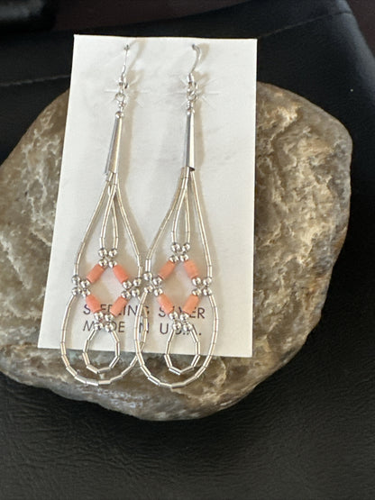 Pink Coral 2 Strands Heishi Liquid Sterling Silver Dangle Earrings 2" 17983