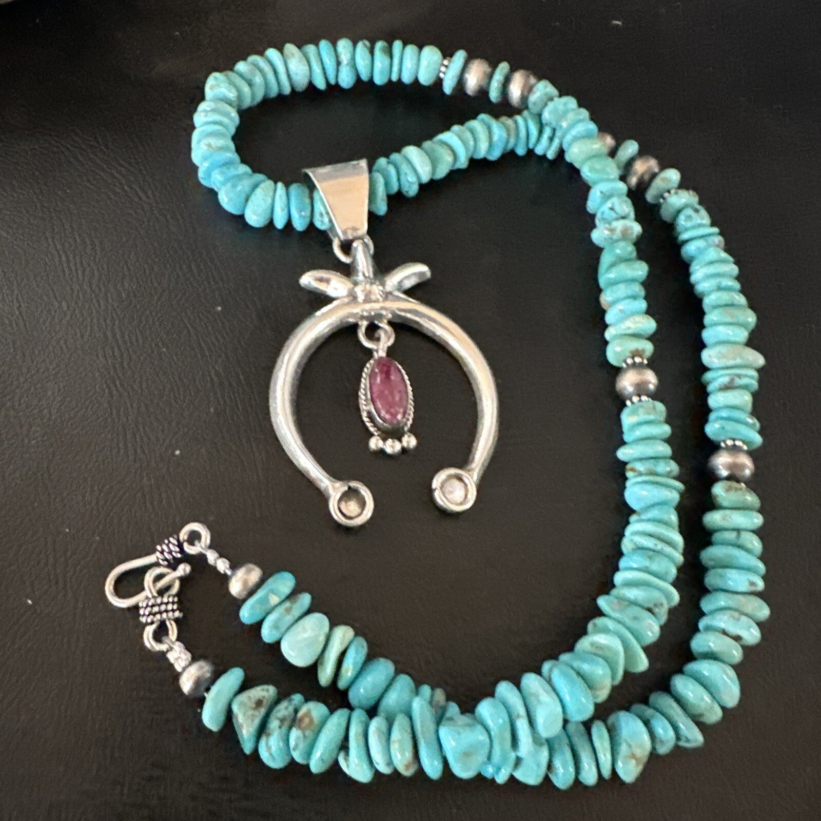 Mens Blue Turquoise Spiny Naja Pendant Navajo Sterling Silver Necklace 21” 17719