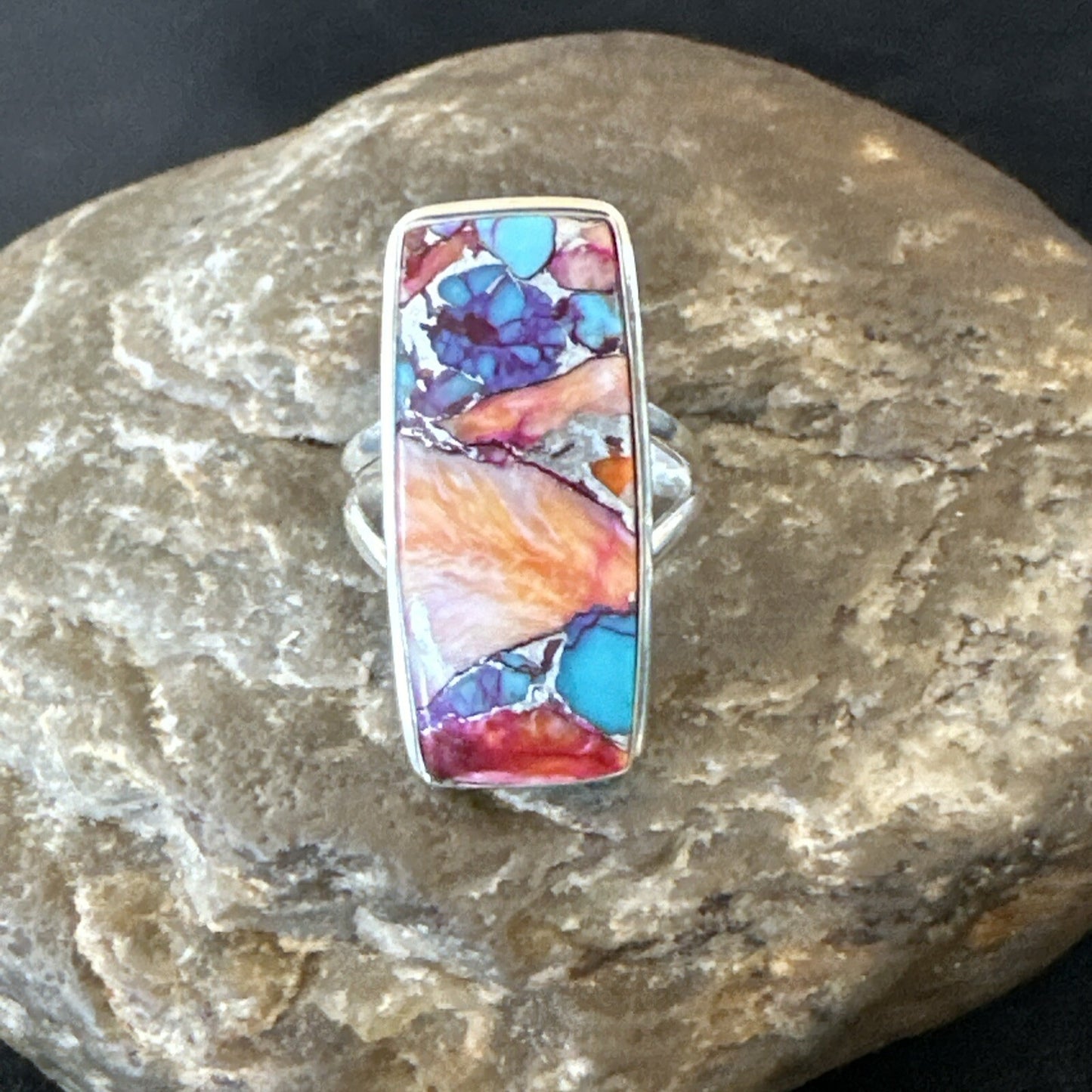 Blue Turquoise Spiny Oyster Southwestern Sterling Silver Ring Size 7 18489