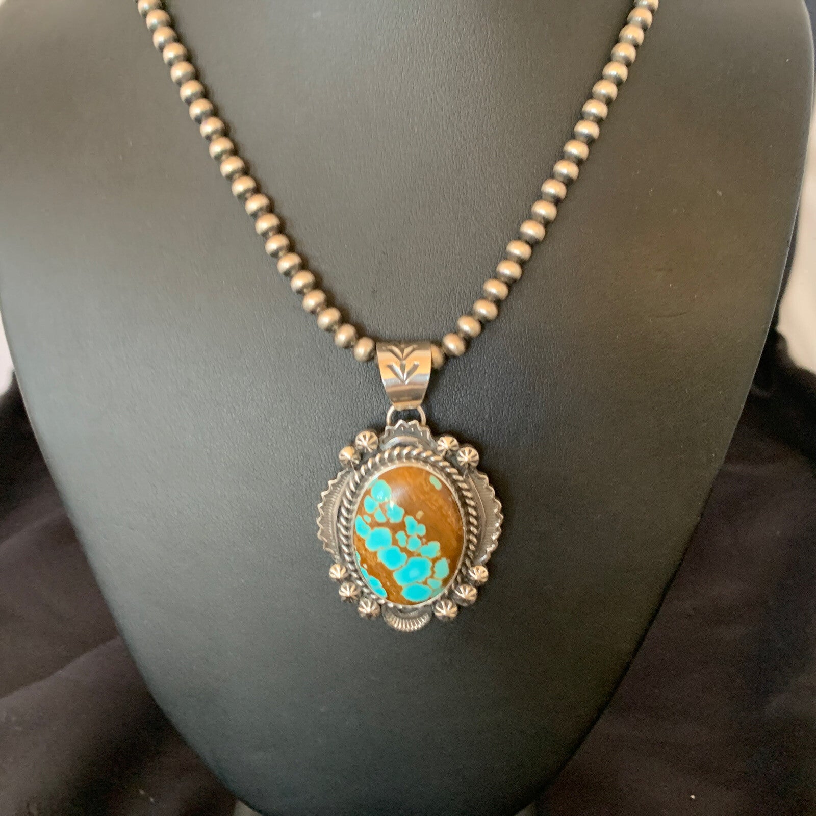 Mens Blue Turquoise #8 Pendant Navajo Pearls Sterling Silver Necklace 10866