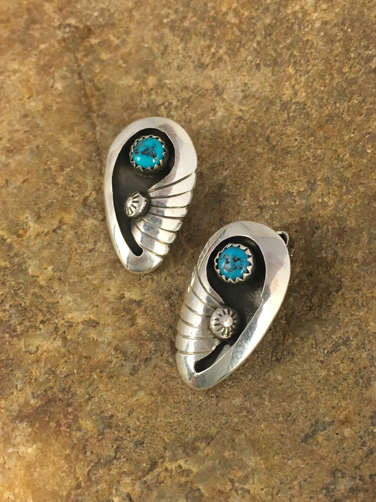Blue Turquoise Clip-on Navajo Sterling Silver Old Pawn Earrings Set 08864