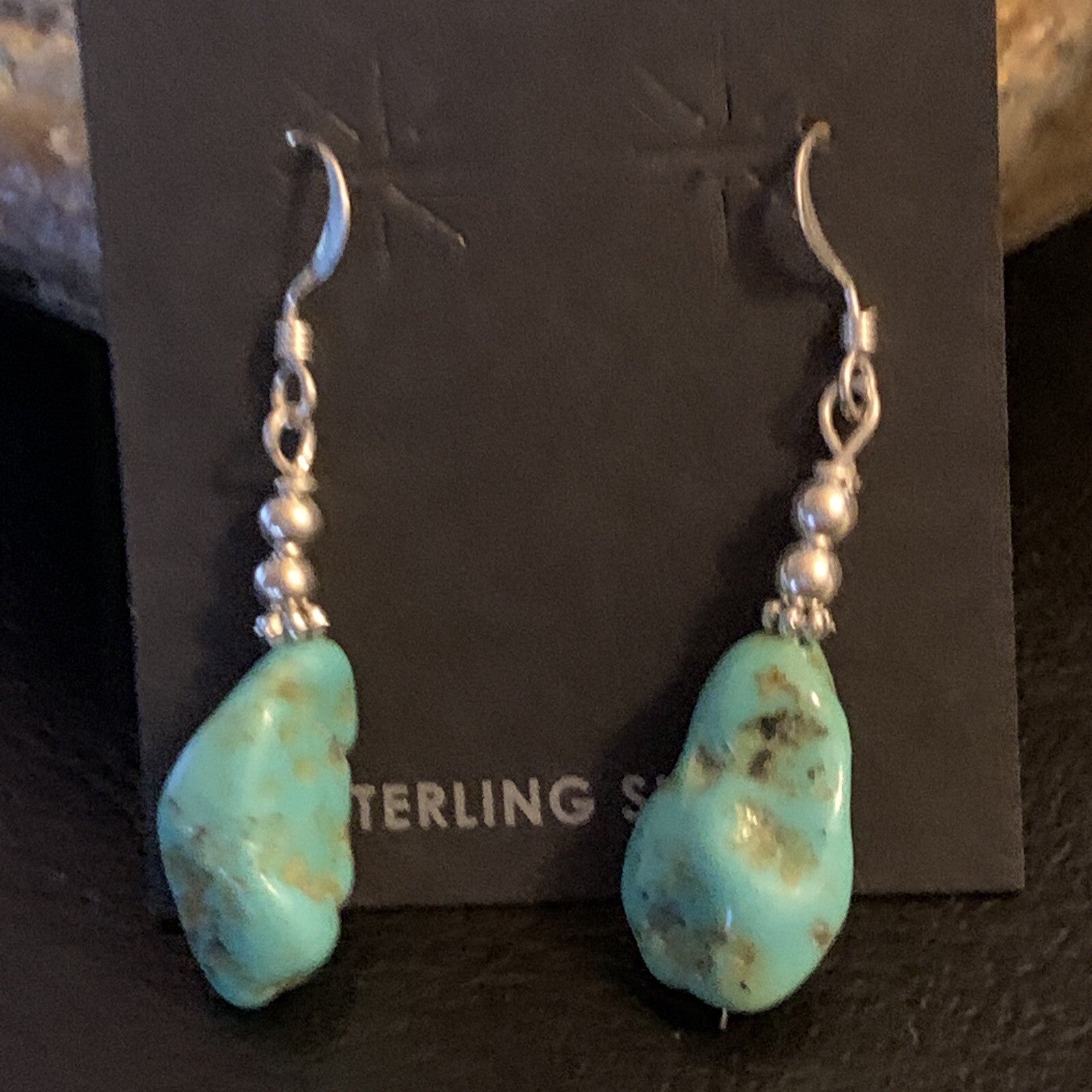Blue Turquoise Nugget Sterling Silver Beads Navajo Earrings 1" 12892