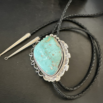 Native Mens Blue Green Royston Turquoise Bolo Tie Sterling Silver Navajo 19592