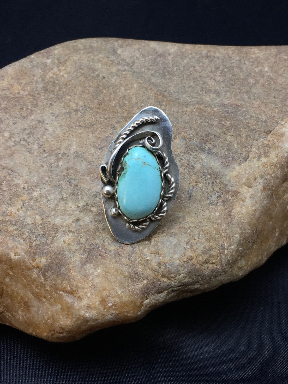 Blue Turquoise Navajo Sterling Silver Ring Size 7.25 02510