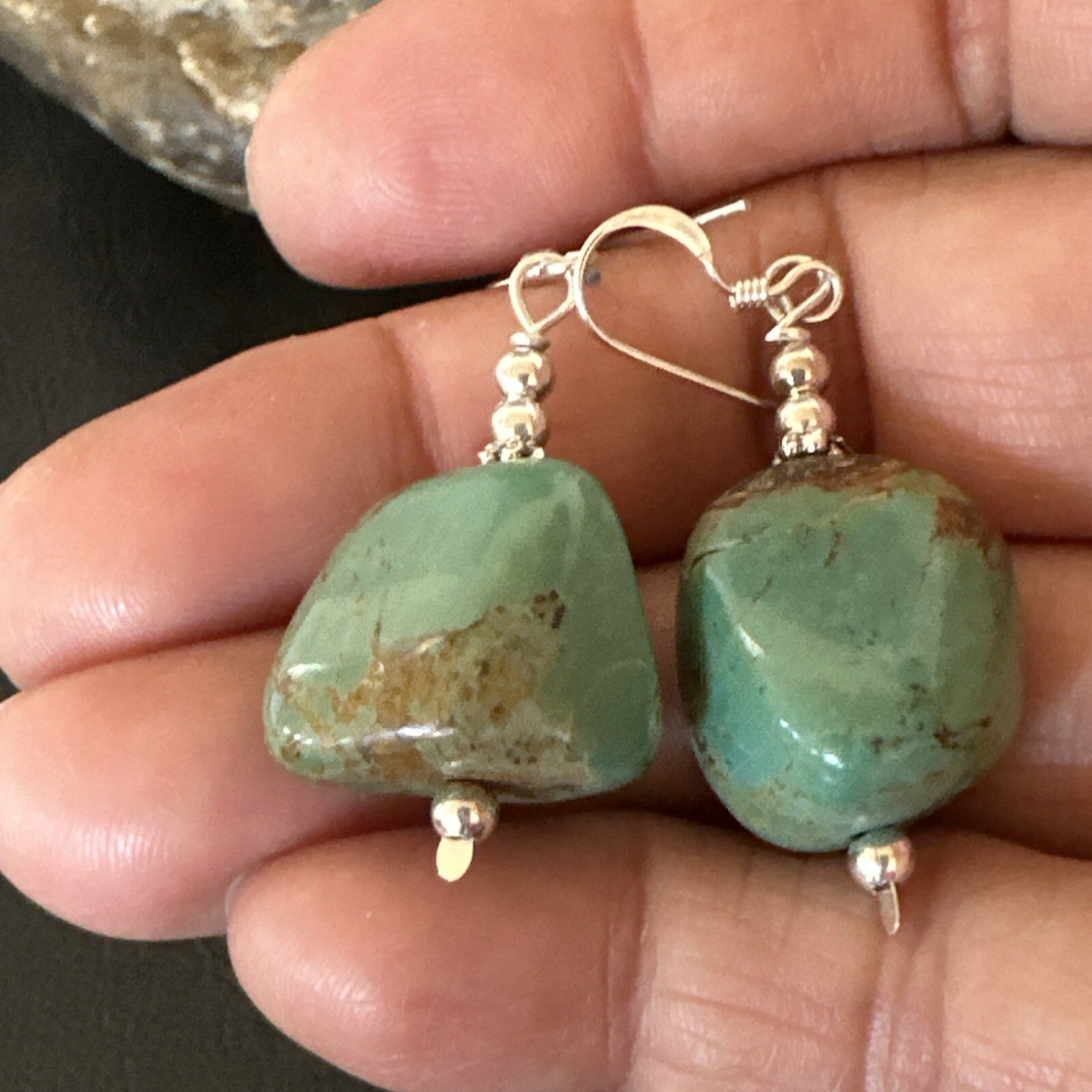 Green Turquoise Nugget Sterling Silver Beads Navajo Earrings 1" 17868