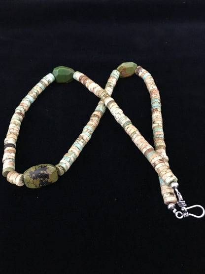 Mens Green Turquoise Chunky Navajo Sterling Silver Heishi Necklace 22" 1781