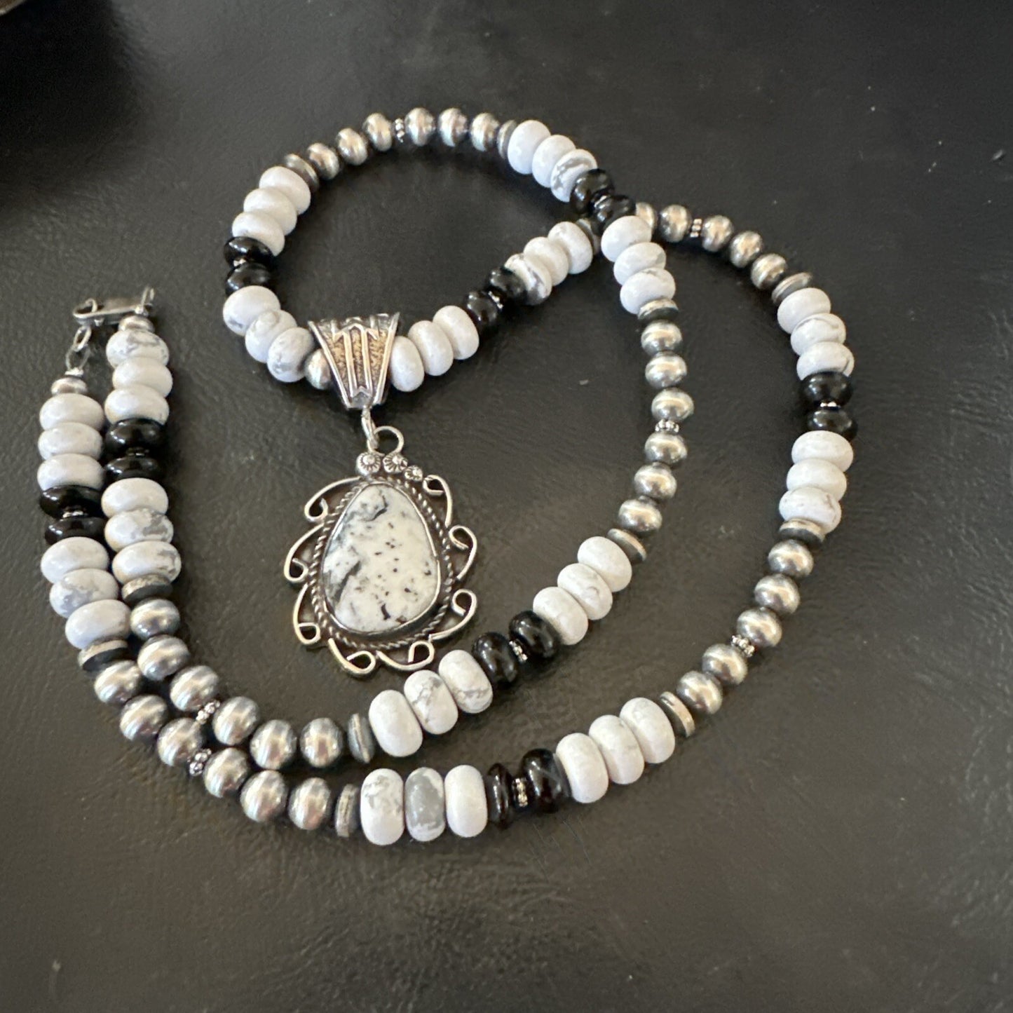 White Buffalo Turquoise Pendant Howlite Navajo Sterling Silver Necklace 24”18724