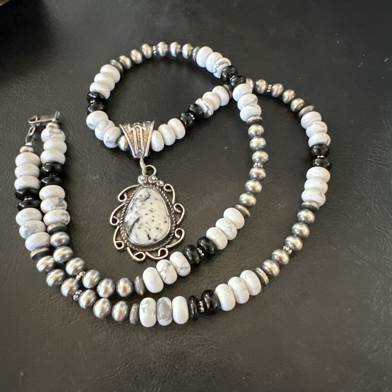 White Buffalo Turquoise Pendant Howlite Navajo Sterling Silver Necklace 24”18724