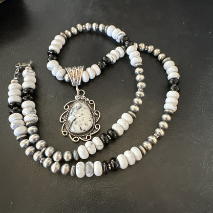 White Buffalo Turquoise Pendant Howlite Navajo Sterling Silver Necklace 24”18724