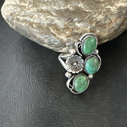 Yazzie Ring Green Turquoise Navajo Sterling Silver Cluster Size 7 19244