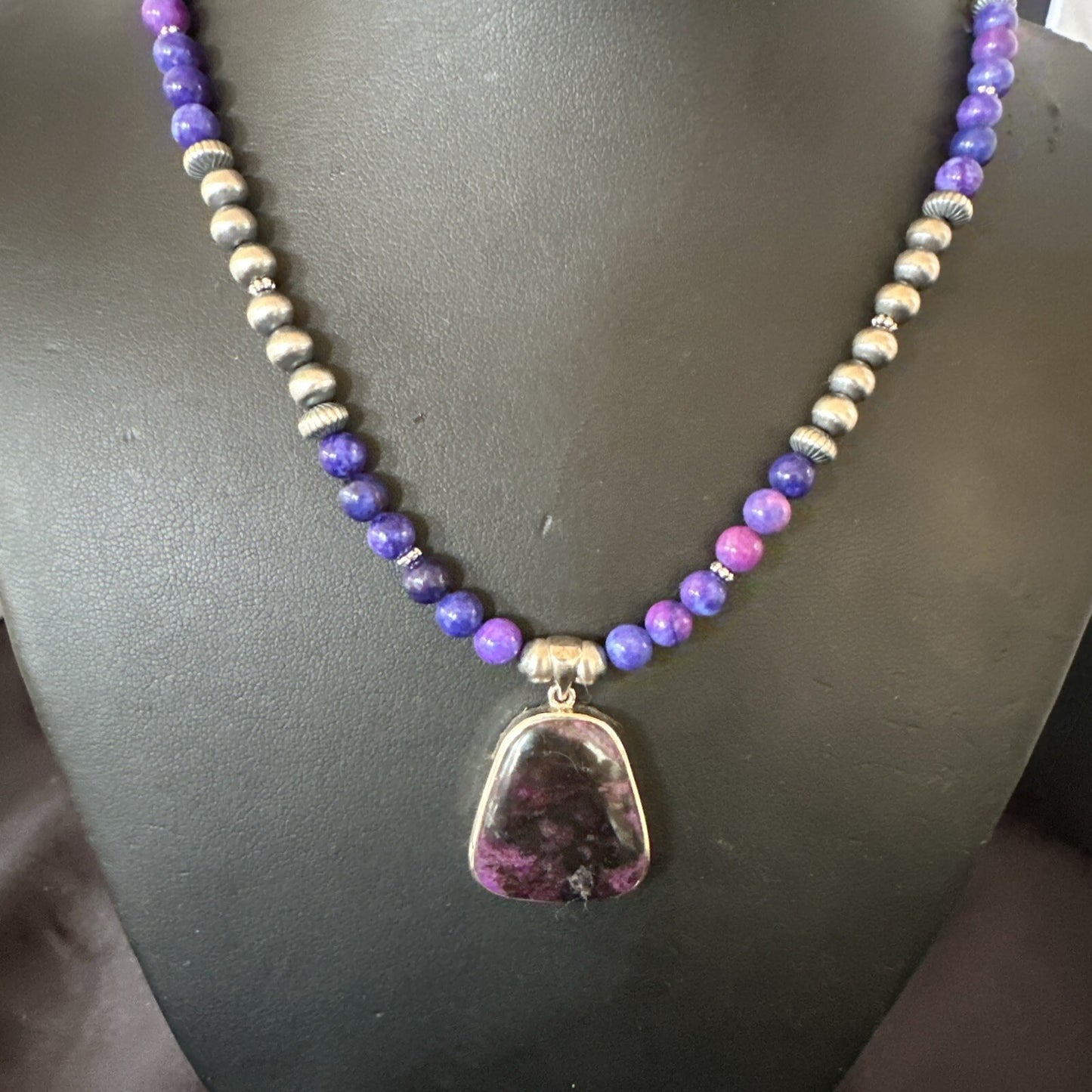 Purple Stone Pendant Navajo Pearls Sterling Silver Necklace 23" 17890