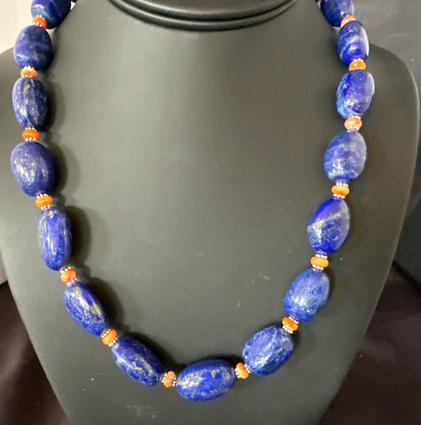 Blue Lapis Orange Spiny Chunky Southwestern Sterling Silver Necklace 20” 19258