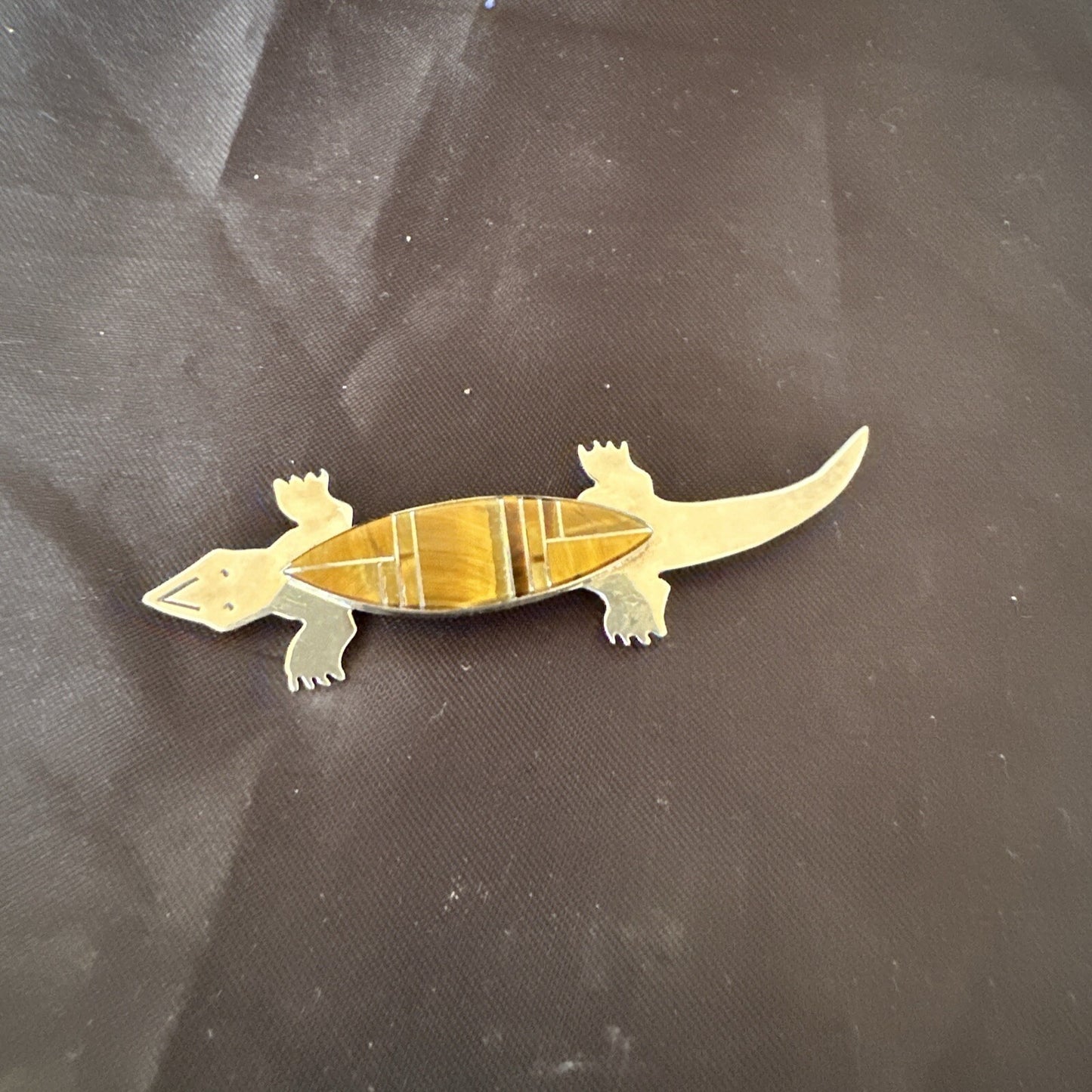 Coffee Brown Tigers Eye Navajo Gecko Sterling Silver Inlay Lizard Pin 3� 17950