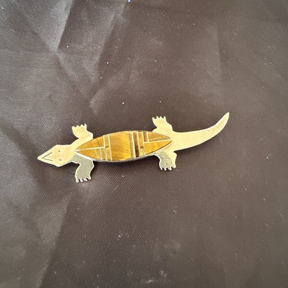 Coffee Brown Tigers Eye Navajo Gecko Sterling Silver Inlay Lizard Pin 3� 17950