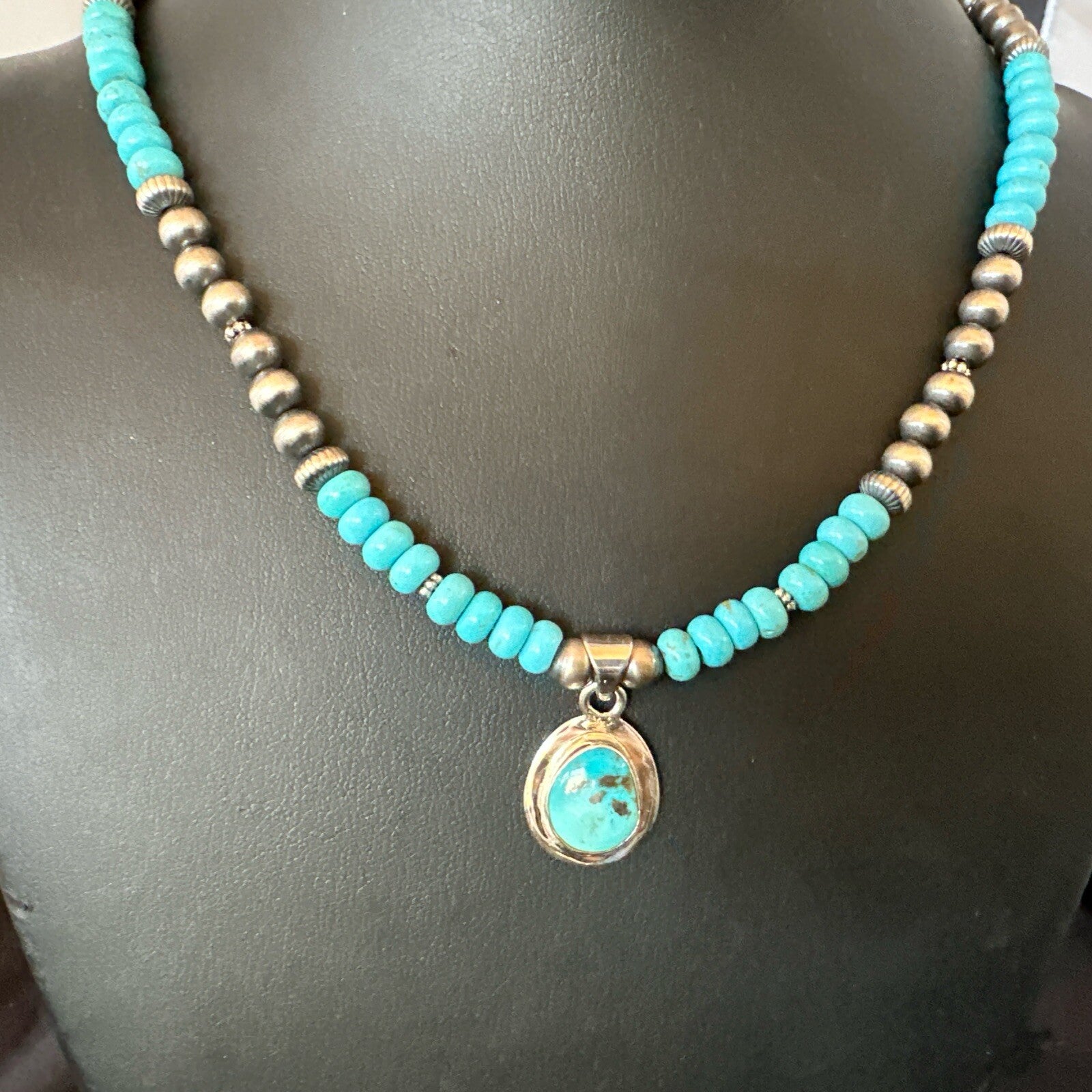 WoMens Blue Kingman Turquoise Pendant Navajo Sterling Silver Necklace 21" 18424