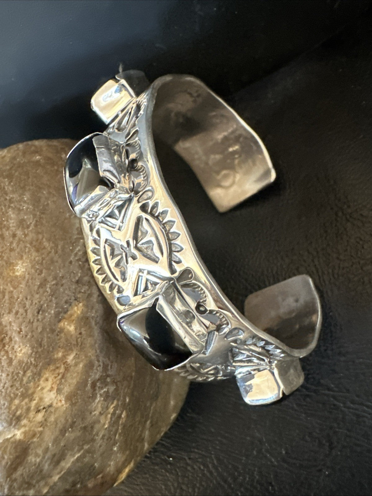 Mens Womens Navajo Sterling Silver Black Onyx Cluster Cuff Bracelet 7.5" 19432