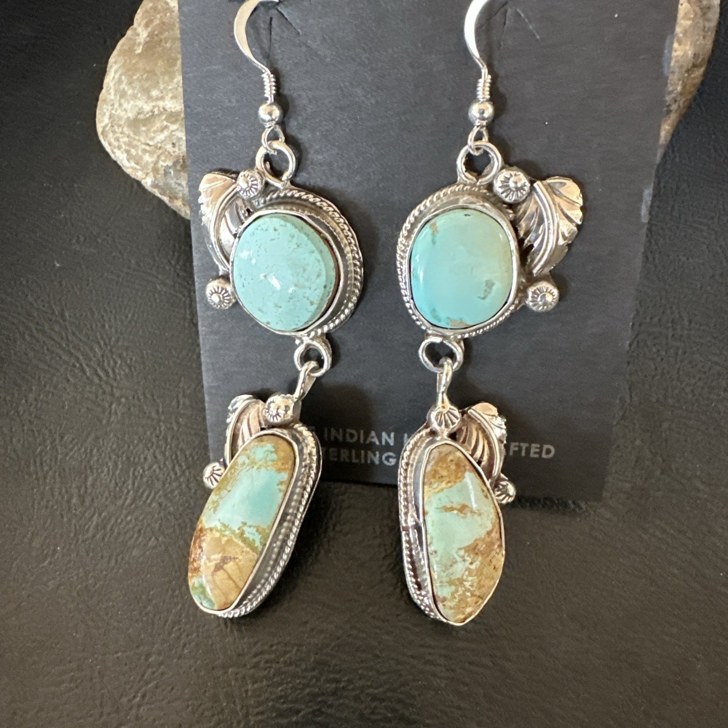 Green Royston Turquoise Navajo Sterling Silver Dangle Earrings 19601