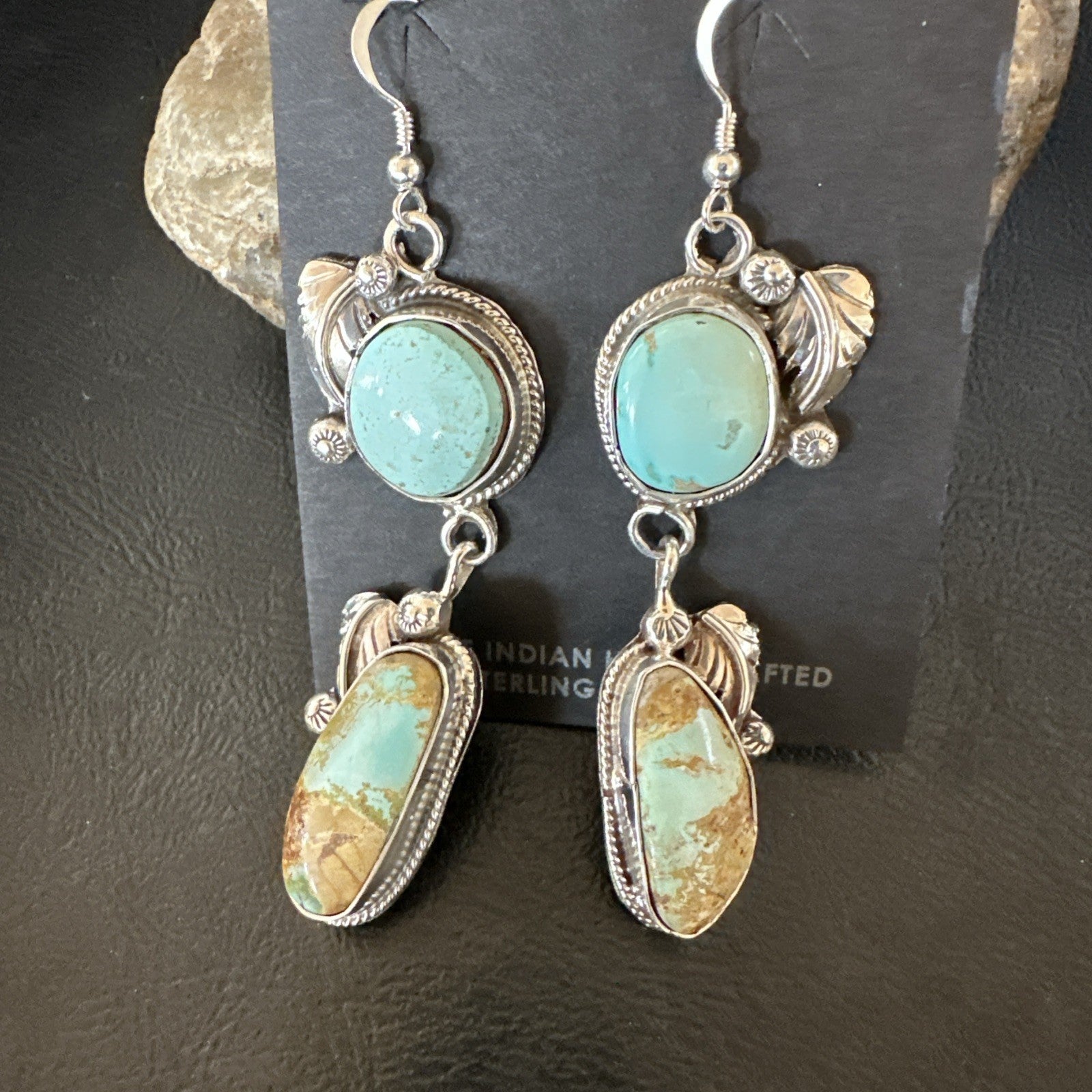 Green Royston Turquoise Navajo Sterling Silver Dangle Earrings 19601