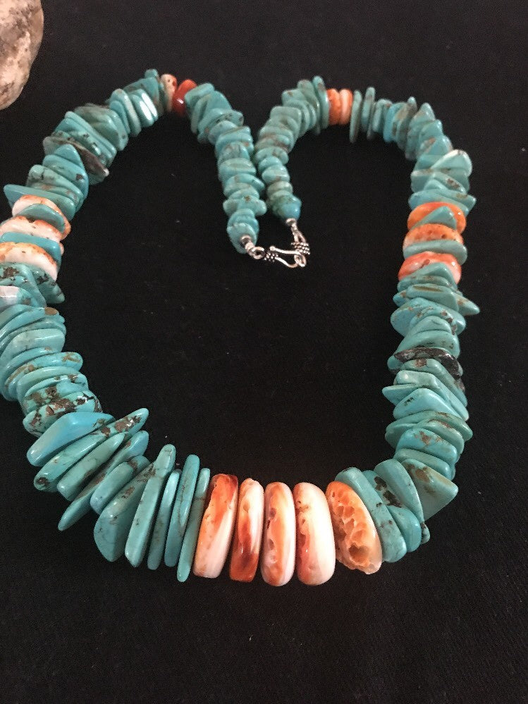 Turquoise Spiny Oyster Nugget Sterling Silver Necklace 21" 03325
