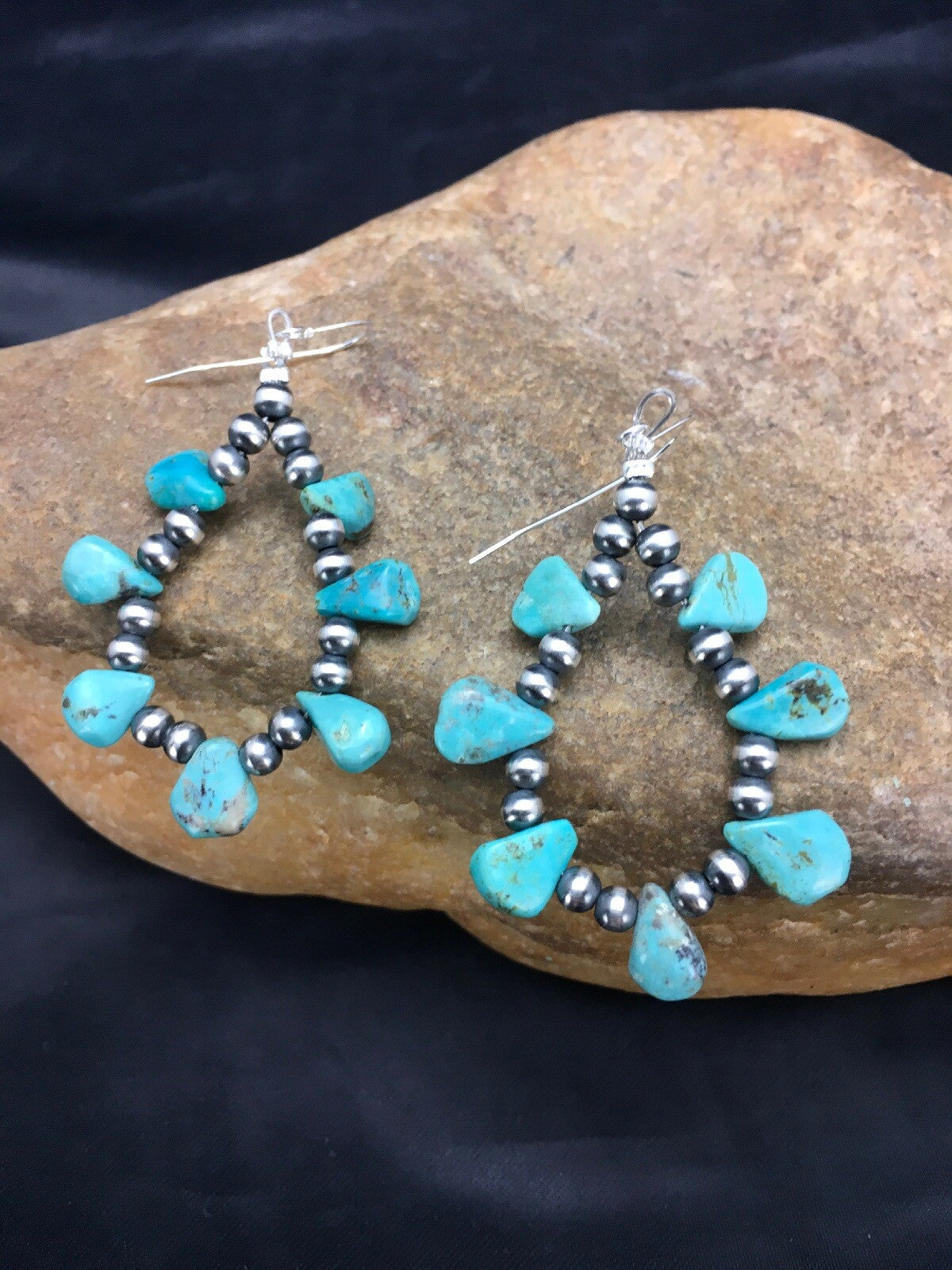 Blue Turquoise Cluster Navajo Sterling Silver Earrings 2" 02971